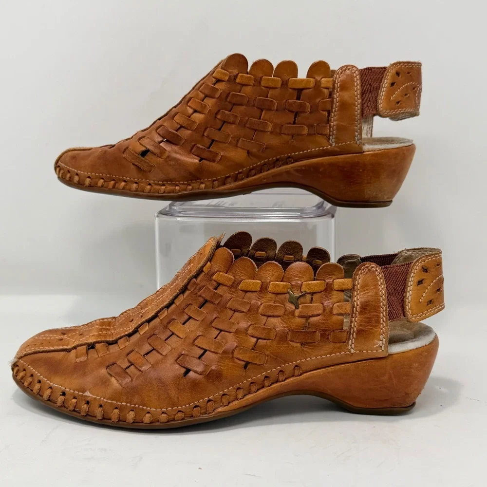 Pikolinos Woven Leather Slingback Wedge Shoes Tan Artisan Handcrafted EU 37